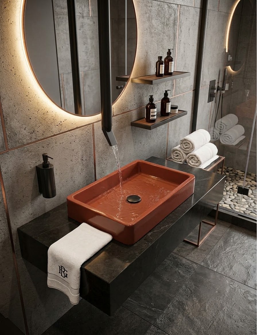 Lavabo | Beton Lavabo | Tezgah Üstü Lavabo Dikdörtgen - Turuncu