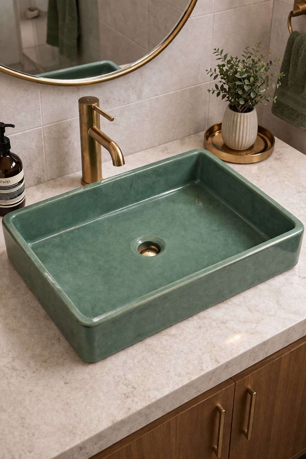 Premium Dikdörtgen Beton Lavabo - Yeşil