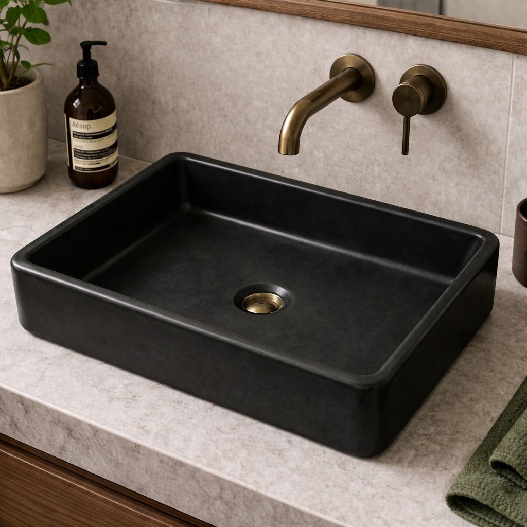 Premium Dikdörtgen Beton Lavabo - Siyah